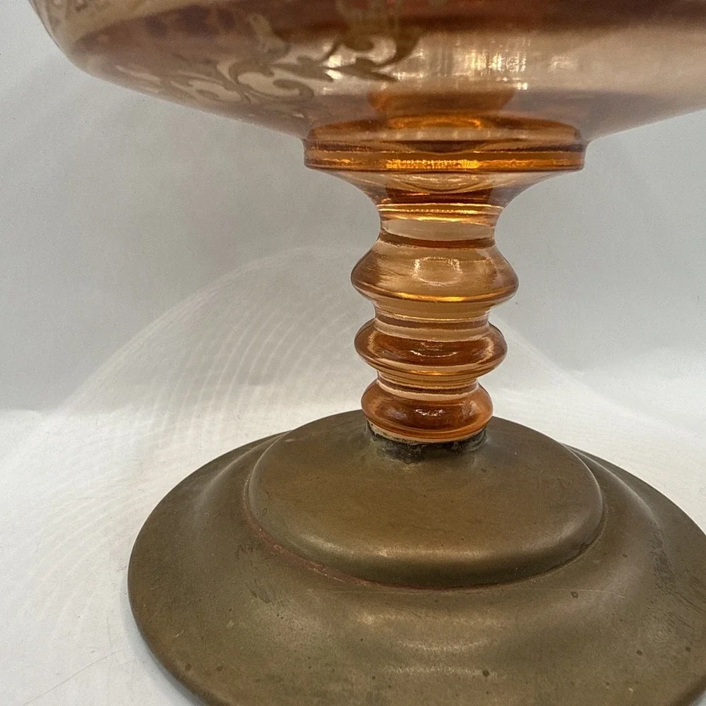 Vintage Fostoria Royal Style Amber Etched Glass Compote Or Candy Footed Bowl